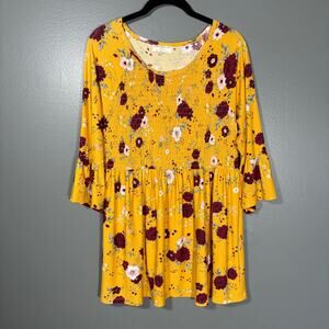 Bobbie Brooks Women's Yellow Floral Babydoll Tunic Top - Size Medium - Cottage